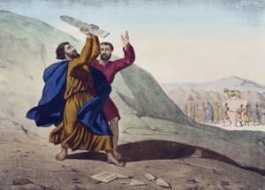 Moses zerbricht die Gesetzestafeln und die Anbetung des Goldenen Kalbs, Illustration aus einem Katechismus L