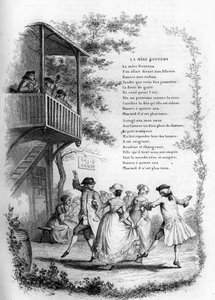 Mutter Bontems (Bontemps). Tanz junger Paare in einem Dorf mit Musikern auf dem Balkon. Gravur in „Chants et chansons populaire de la France“, Band 2 von French School