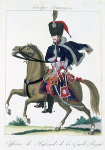 Berittener Offizier der Husaren der Königlichen Garde, aus Troupes Francaises, veröffentlicht bei Basset, Paris, um 1790 von French School