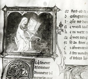 Marie de France (fl. 12. Jahrhundert) schreibt, aus einer Anthologie französischer Gedichte, ca. 1280-90 (Detail)