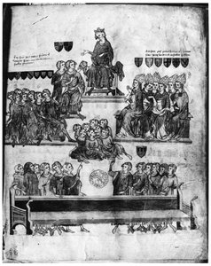 Ms.Fr. 18437 fol. 2 Der Hof der Peers unter dem Vorsitz von Philippe VI aus Proces de Robert III dArtois, Graf von Beaumont