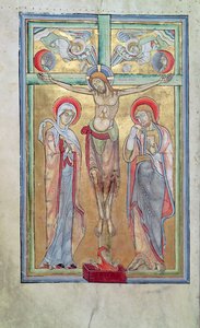 Ms 108 f.58v Kreuzigung, aus dem Sakramentar von St. Amand