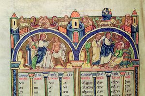 Kanon der Evangelisten, Detail (Christus heilt den Mann mit Wassersucht und vertreibt Dämonen aus einem Besessenen), aus einer lateinischen Bibel von French School