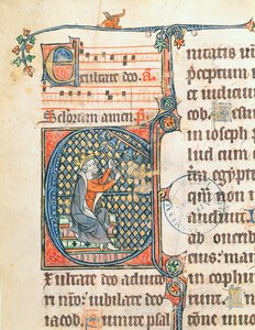 Historiierte Initiale, die König David zeigt, der ein Carillon spielt, Illustration aus einem Psalter von French School