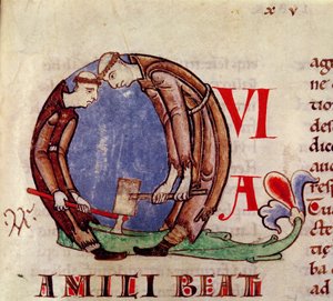 Ms 170 fol.59 Historisierte Initiale Q, die Mönche beim Holzhacken darstellt, aus Moralia in Job von Papst Gregor dem Großen