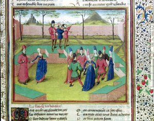 Ms 19153 f.7 Ein Carole im Obstgarten, Illustration aus Le Roman de la Rose von Jean de Meung, um 1460
