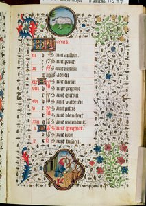 Ms 19 März: Widder und ein Mann, der Bäume fällt, aus einem Stundenbuch, frühes 15. Jahrhundert von French School