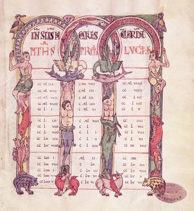 Ms. 1 Kanontafeln der Evangelisten, dekoriert mit fantastischen Tieren, aus dem Evangelium von Saint-Michel-de-Cuxa, ca. 1070-1130 von French School
