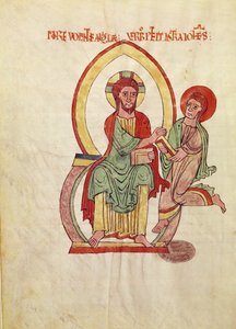 Heiliger Johannes läuft, um das Evangelium von Christus zu empfangen, Miniatur aus dem Evangelium von Saint-Michel-de-Cuxa von French School