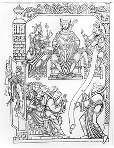 Ms 210 fol 19v. Chartular von Mont Saint-Michel: Herzog Richard II. von der Normandie schenkt dem Kloster Mont St. Michel Land und Privilegien (Stich nach einer Zeichnung aus den 1150er Jahren)