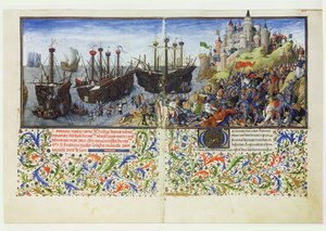 Ms 2617 Die Burg der Amazonen wird von Theseus, Herzog von Athen, belagert, aus La Teseida, von Giovanni Boccaccio (1313-75) 1340-41