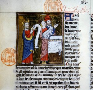 Ms 312 Moses opfert das Passahlamm, Miniatur aus der Bible Historiale von Guyart des Moulins