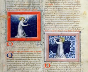 Ms 313 Gott trennt das Licht von der Dunkelheit (links) und erschafft das Firmament (rechts), aus der Bible des Grands Augustins, 1494