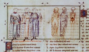Ms 3142 fol.311r Die Geschichte der drei Lebenden und der drei Toten, aus Recueil de Poesies Francaises, um 1280-90
