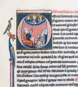 Ms 3458, historiierte Initiale O, die den antiken griechischen Philosophen Aristoteles zeigt, wie er einer Gruppe von Klerikern aus Westeuropa lehrt und nach oben zu Gott im Himmel zeigt (Feder & Tinte und Tempera)