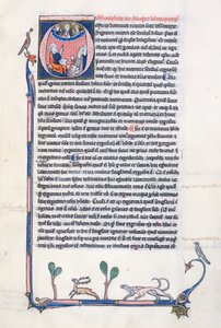 Ms 3458, historiierte Initiale O, die den antiken griechischen Philosophen Aristoteles zeigt, wie er einer Gruppe von Klerikern aus Westeuropa lehrt und nach oben zu Gott im Himmel zeigt (Feder & Tinte und Tempera)