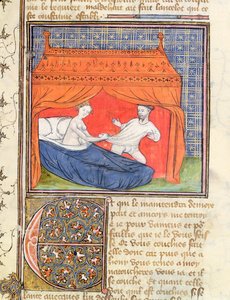 Ms 3480 Lancelot versucht, vor einer Frau im Bett zu fliehen, aus dem Livre de Messire Lancelot du Lac von French School
