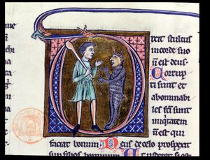 Historiierte Initiale D, die einen Mann mit dem Teufel darstellt, aus einer lateinischen Bibel von French School