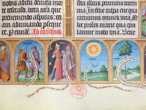 Ms 412 Stundenbuch mit Illustrationen von Pilgern, Juden, Sonne, Mond und Myrte
