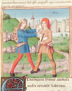 Ms 493 f.17 Ein Austausch von Geschenken, aus den Eklogen von Virgil (70-19 v. Chr.) mit einem Kommentar von Servius, 1469