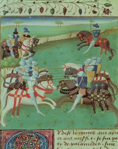 Ms 527 f.5v Ritter im Lanzenkampf unterrichten, aus Roman du Saint Graal von French School