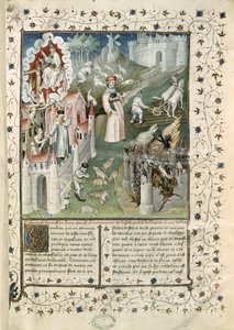 Ms 55 t.2 fol.3 Die Stadt Gottes, die Stadt Caen und die Stadt der Laster, aus La Cite de Dieu von St. Augustinus von Hippo (354-430) übersetzt von Raoul de Preles (1316-82) von French School