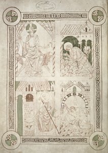 Ms 616 f.1v St. Augustinus zu Füßen Christi und der Schreiber Alardus, der ihm sein Buch anbietet, Frontispiz zu Confessiones von St. Augustinus von French School