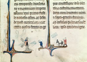 Ms 838 fol.55 Ein Mann, der seinen Esel mit Säcken Weizen zu einer Windmühle treibt, aus dem Obituaire de Notre Dame de Pres, nach 1270 von French School