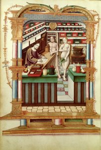 Ms Fr 1537 Christus der Apotheker mit Adam und Eva, aus Chants royaux sur la Conception couronnee du Puy de Rouen