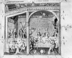 Musiker, die bei einem Bankett unterhalten, ca. 1370