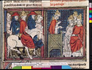 Das Konzil von Clermont und die Ankunft von Papst Urban II. (ca. 1035-99) in Frankreich, aus Le Roman de Godefroi de Bouillon, 1337
