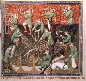 Männer mit Netzen, aus dem Livre de la Chasse von Gaston Phebus de Foix (1331-91), frühes 15. Jahrhundert von French School