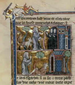 Ms Fr 95 f.4v Einsiedler und Tier, aus der Geschichte des Heiligen Grals, ca. 1280-90