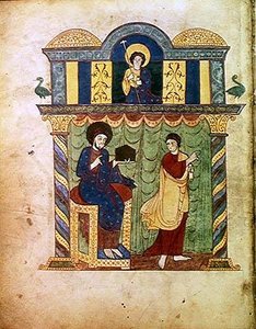 Ms Lat 8878 fol.1v Jesus überreicht das Evangelium an St. Matthäus, aus einem Kommentar zur Apokalypse des asturischen Mönchs Beatus von Liebana (ca. 776) ca. 1028-72 (Pergament)