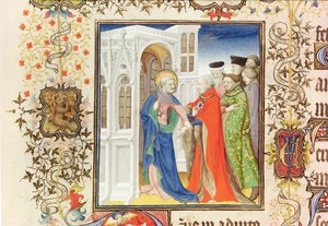 St. Peter führt Jean de France (1340-1416) Herzog von Berry ins Paradies, aus den Grandes Heures de Duc de Berry, 1409