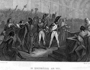 Napoleon Bonapartes Staatsstreich am 18. Brumaire Jahr VIII (1799) im Saal des Rates der Fünfhundert von Saint Cloud - in „Revolution francaise“ von Thiers. 19. Jahrhundert
