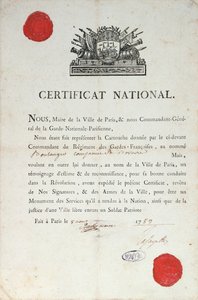 Nationales Zertifikat für gutes Verhalten während der Französischen Revolution, 8. August 1789 in Paris von French School