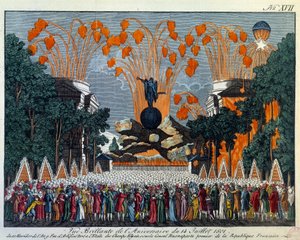 Nationalfeiertag am 14. Juli 1801 auf den Champs Elysees, Paris: Feuerwerk findet anstelle des Sterns auf den Champs Elysees in Paris statt. Druck von 1801 Paris, Musee Carnavalet
