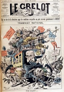 Nationaler Tram: Frankreich zwischen den Ideen von links und rechts, Karikatur über die Meline-Regierung - in „Le Grelot“ vom 12.06.1898 von French School