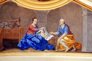 Krippenszene. Die heilige Familie. Kirche St. Nicolas de Veroce. Malerei Frankreich.