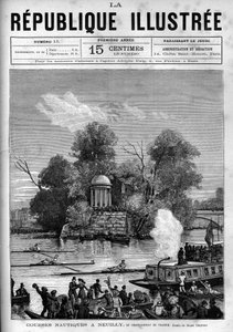 Nautische Rennen: Französische Rudermeisterschaft auf der Seine gegenüber der Île de la Grande Jatte in Neuilly. Gravur von 1880 in „La république illustrée“ private Sammlung.