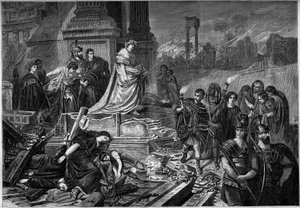 Nero nach dem Brand in Rom im Jahr 64. Gravur nach dem Gemälde von Karl Theodor von Piloty (1826-1886). In „Le Monde Illustré“ Nr. 283 vom 13. September 1862 von French School