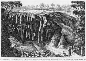 Neukaledonien, Isle of Pines, Kouaouete, Manguemene-Grotte, Illustration aus dem Bulletin Les Missions Catholiques, nach einer Federzeichnung eines Deportierten, 1893 von French School