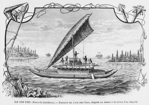 Neukaledonien, Piroge der Isle of Pines, nach einer Federzeichnung eines Deportierten, Illustration aus dem Bulletin Les Missions Catholiques, 1893