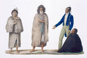 Neuseeländische Ureinwohner in einheimischer und westlicher Kleidung, 1826