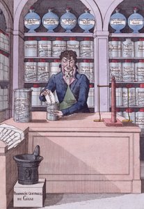 Zeitungsapotheke unter Napoleon, oder der Chemiker Akademiker, Karikatur, die die von Napoleon unterdrückte Presse darstellt