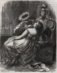 Schöner Hals! Dass ein Henker ihn gerne abschneiden würde! König Heinrich VIII. von England (1491-1547) mit seiner Frau, Catherine Parr (1512-1548). Gravur von 1871 in „Histoire Des Cocus Célèbres“ von Henry de Kock (1819-1892). von French School