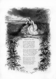Ninas Romanze. Eine einsame Frau im Hochzeitskleid am Rande eines Landwegs. Gravur in „Chants et chansons populaire de la France“, Band 2 von French School