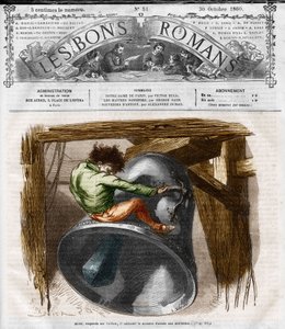 Romanserie: „Notre Dame de Paris“ von Victor Hugo (1802-1885). Quasimodo auf dem Glockenturm. Gravur in „Les bons romans“