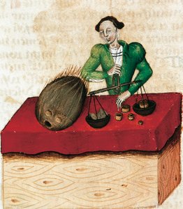 Muskatnuss-Händler, Miniatur aus Tractatus de herbis, Frankreich 15. Jahrhundert von French School